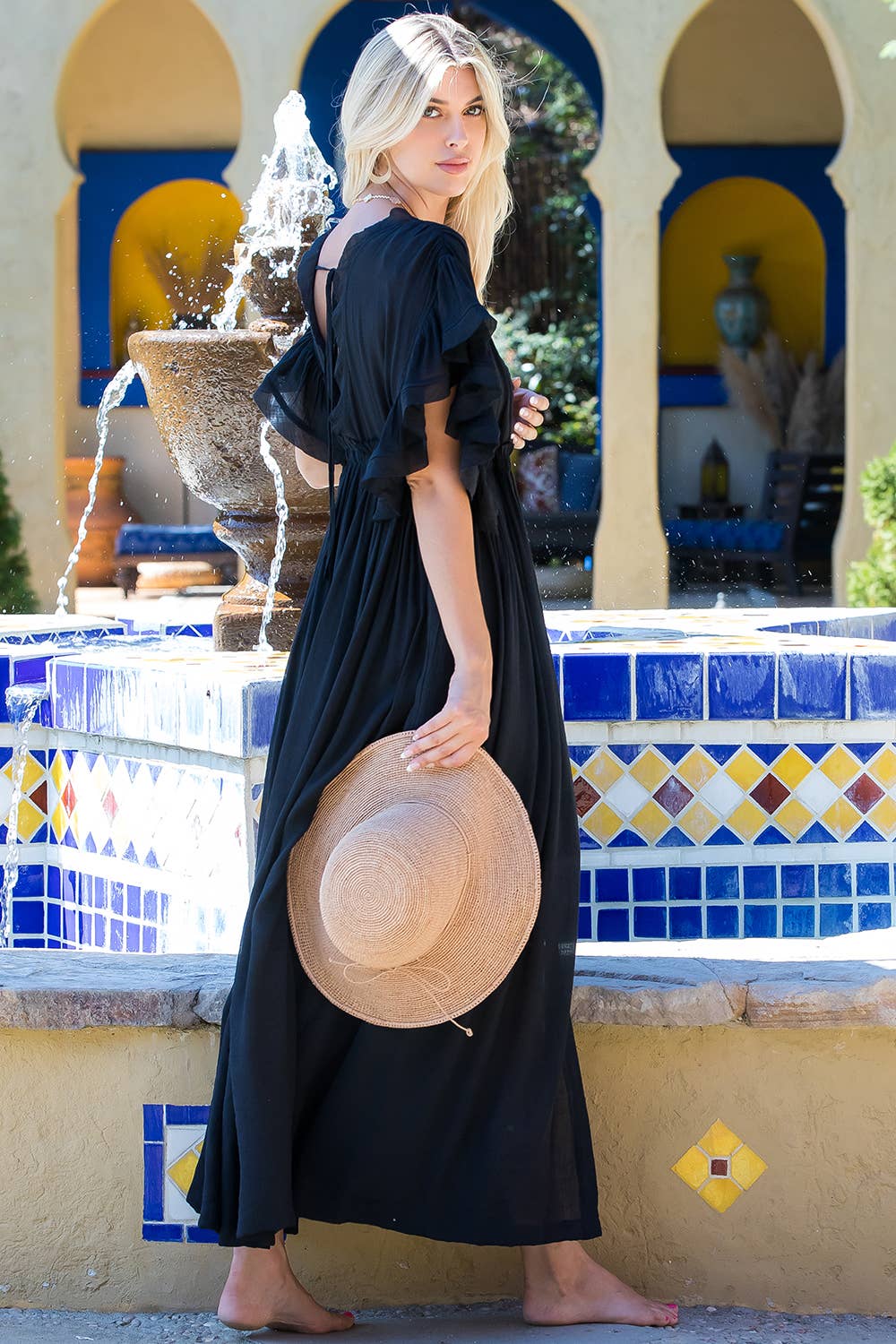 DEEP V NECK RUFFLE MAXI DRESS