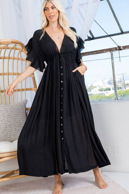 DEEP V NECK RUFFLE MAXI DRESS